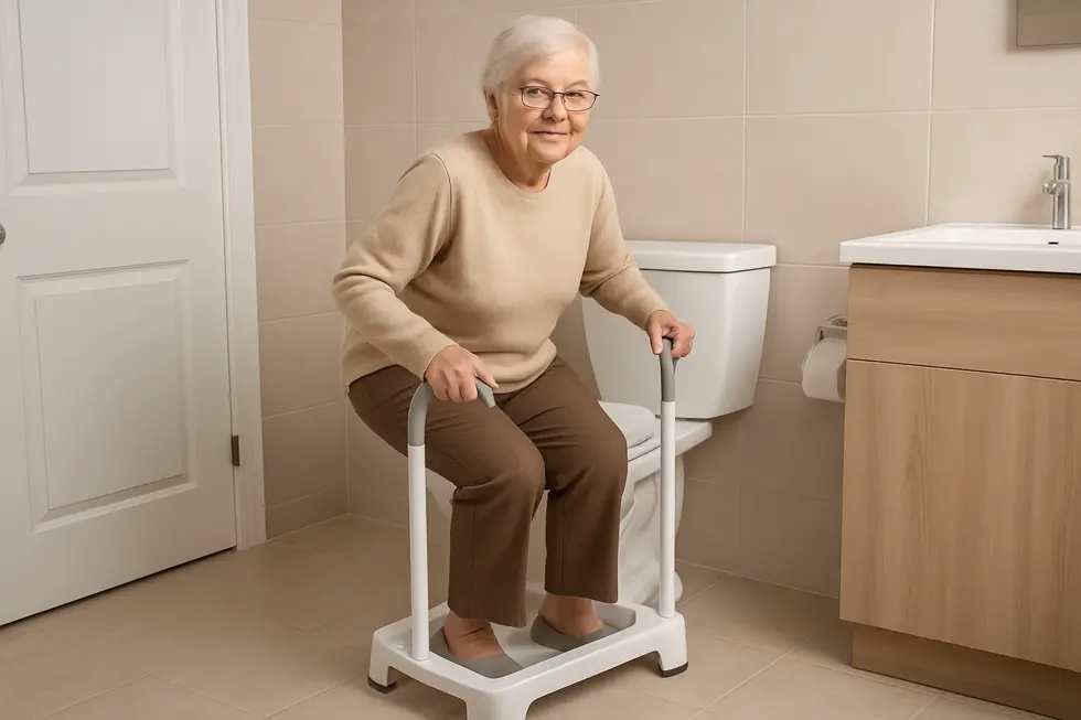 An elderly person using a toilet stool with handles in a bathroom, highlighting balance and stability.