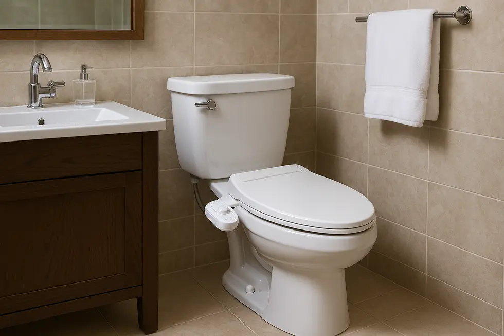 A contemporary bathroom showcasing a toilet with a bidet attachment.