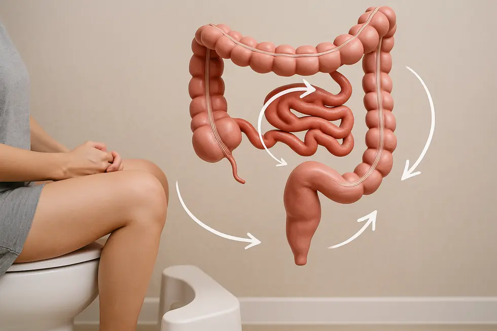 A bathroom showing a toilet with a Squatty Potty placed in front.