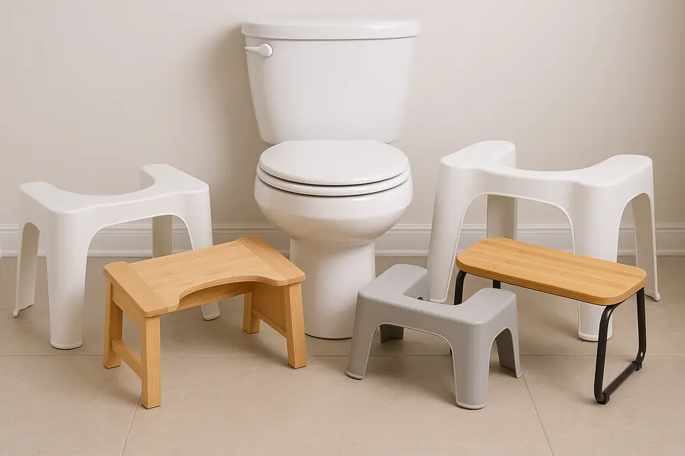 A bathroom showing a toilet with a Squatty Potty placed in front.