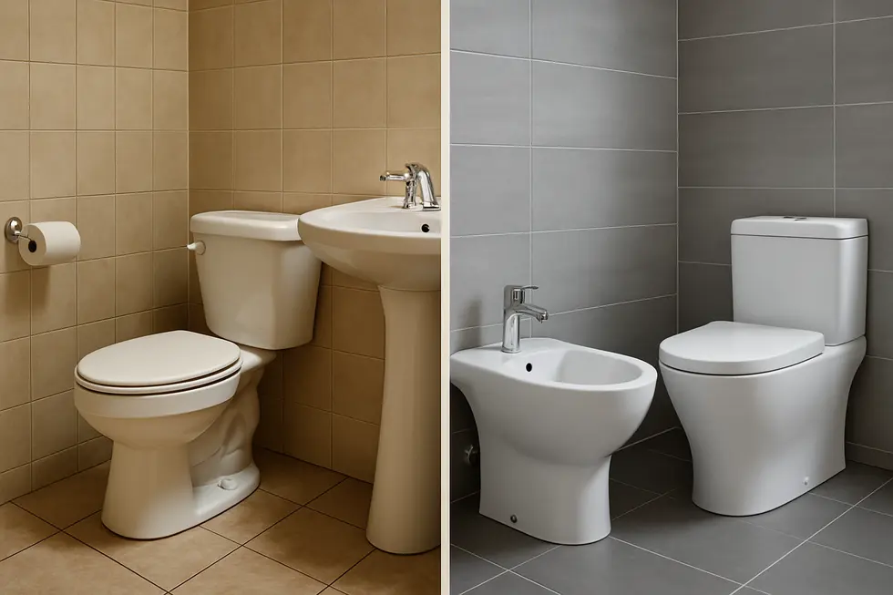 Comparative imagery of traditional and modern bathrooms with and without bidets.