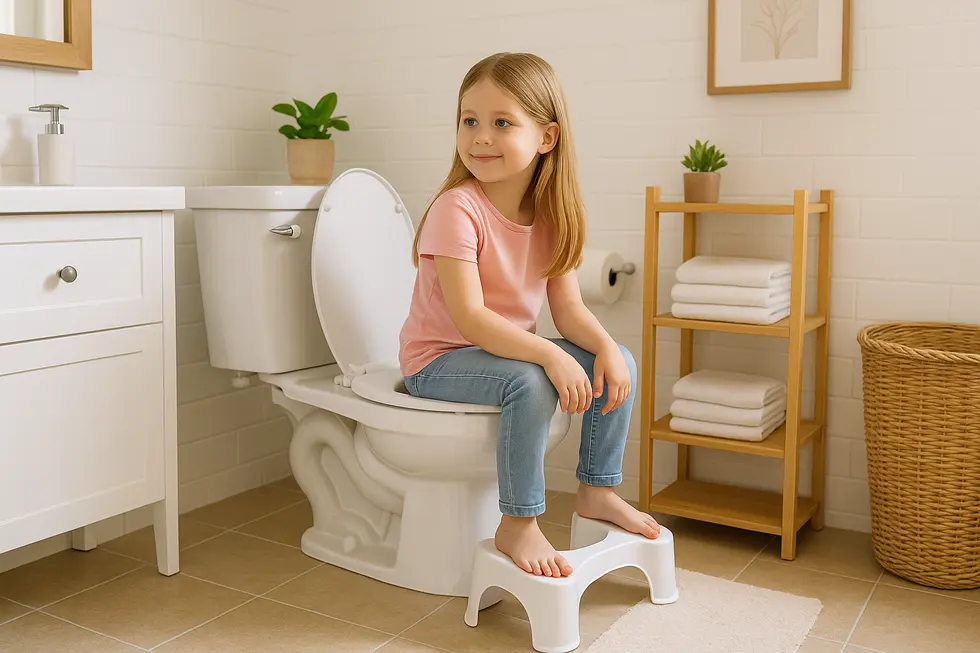 A bathroom with a toilet stool, illustrating its benefits for all family members.