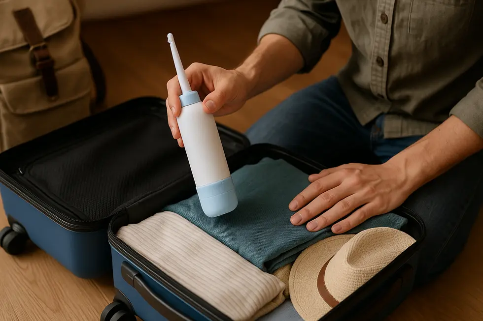 A portable bidet being placed in a travel suitcase, emphasizing its convenience for travelers.