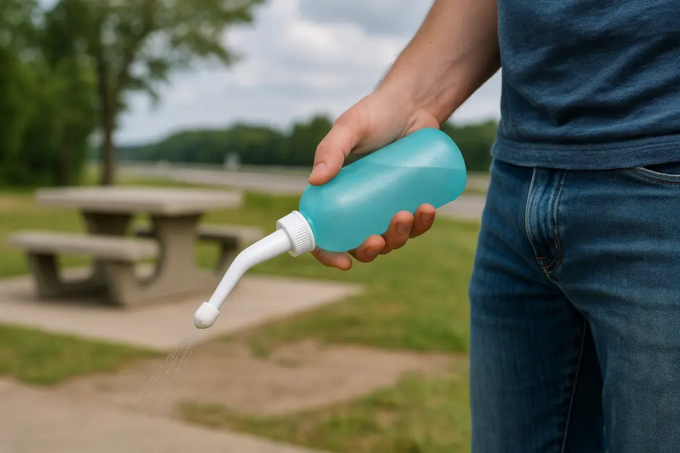 A collapsible travel bidet packed conveniently for a road trip.