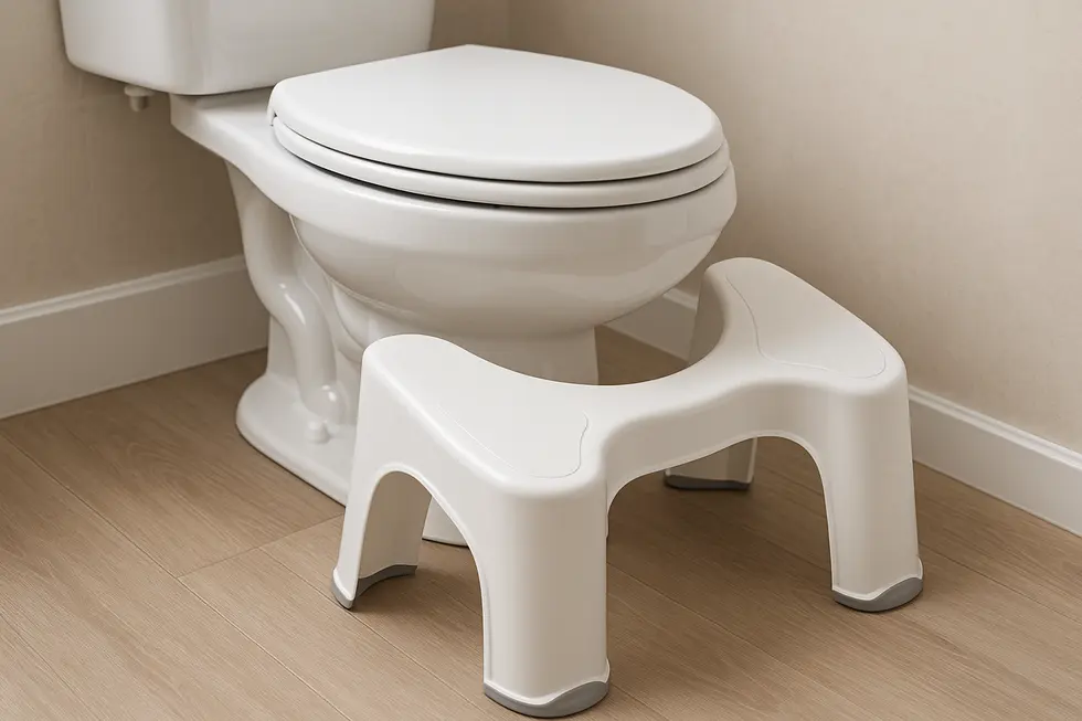 A modern bathroom setting with the Squatty Potty positioned for use.