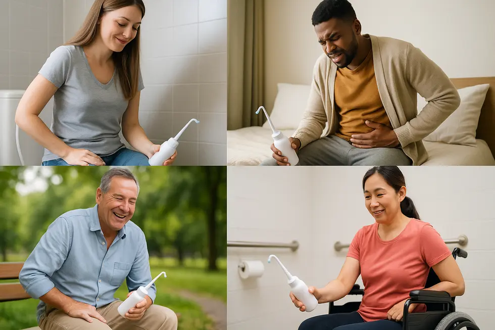 Various people using portable bidets in different environments, showcasing their practicality and medical benefits.