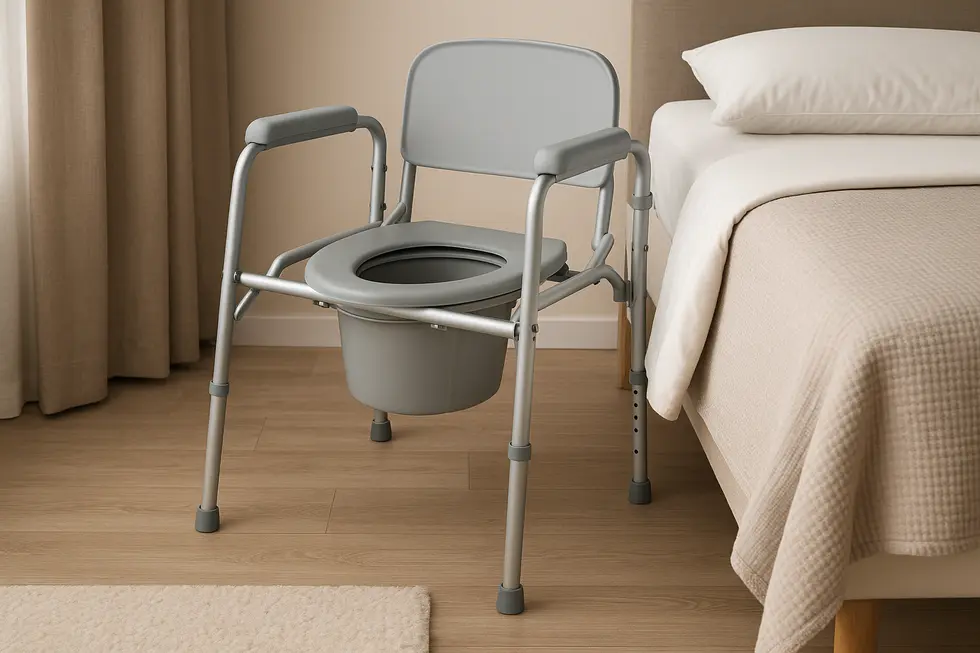 A compact folding commode chair designed for seniors.