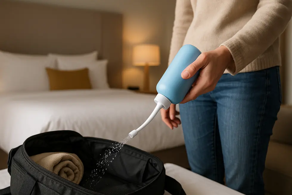 Using a handheld portable bidet in a travel environment, emphasizing hygiene and sustainability.