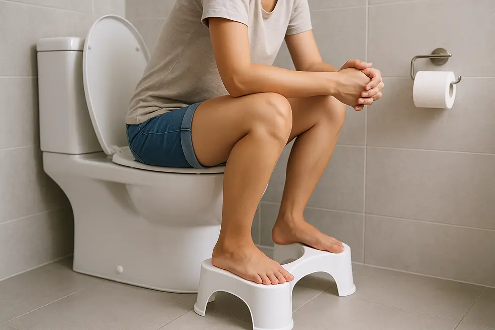 Illustration of toilet stool usage promoting better bowel posture.