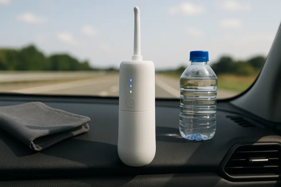 A collapsible travel bidet packed conveniently for a road trip.
