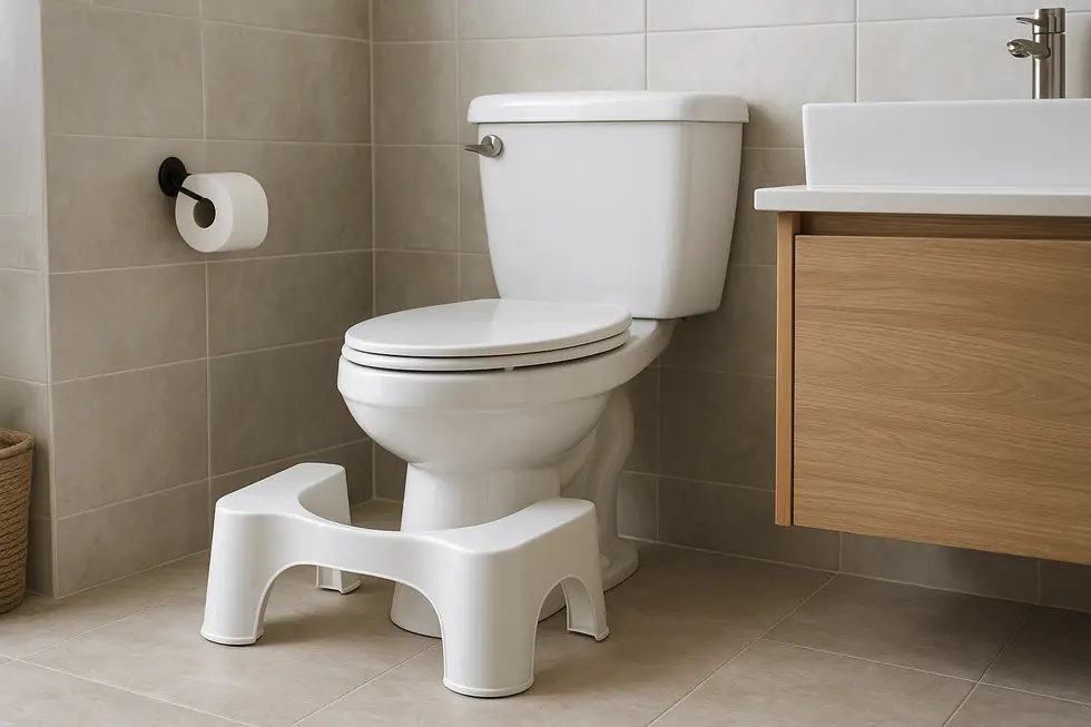 A modern bathroom setting with the Squatty Potty positioned for use.
