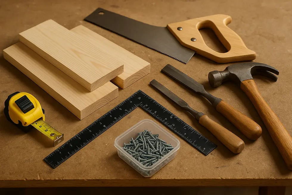 An array of tools and materials for constructing a DIY toilet stool.