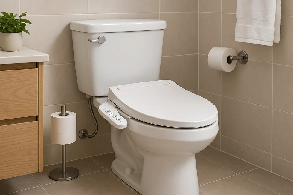 Toilet in a modern bathroom fitted with a bidet attachment.