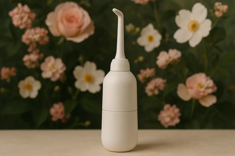A photo of a portable bidet placed in front of a floral background symbolizing advanced hygiene and environmental harmony.