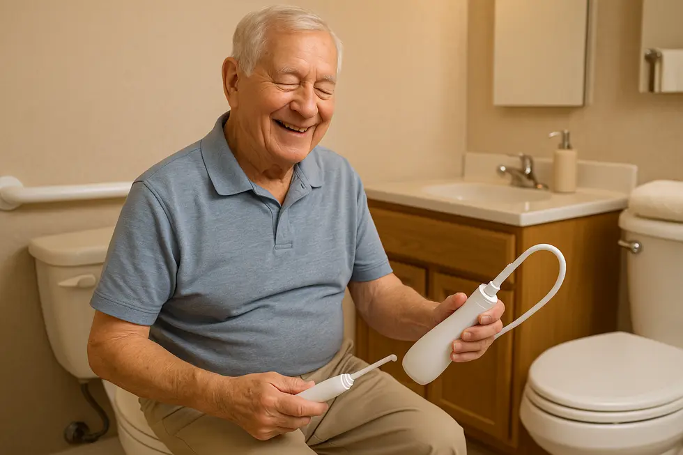 Elderly person using a portable bidet in a safe and reassuring bathroom environment.