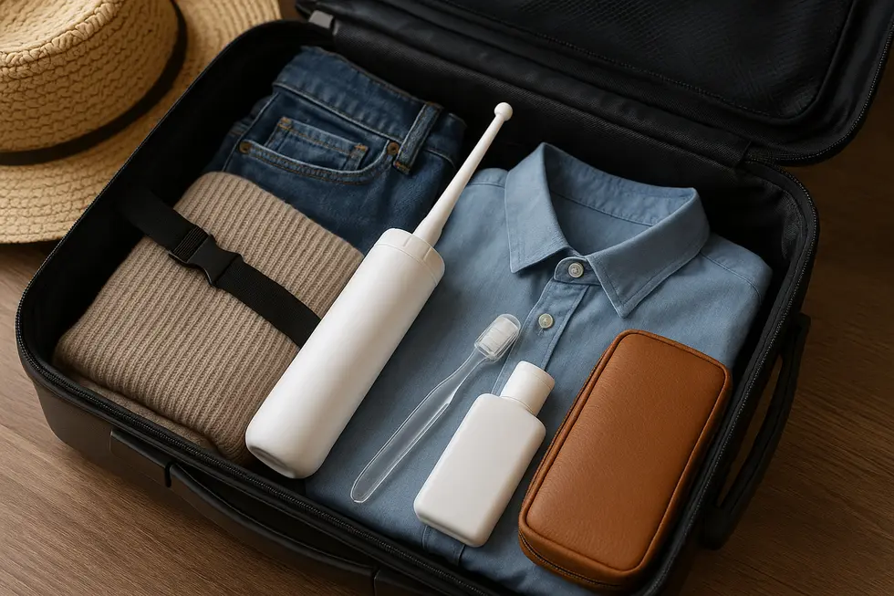 Open suitcase with a portable bidet among other travel items for family use.