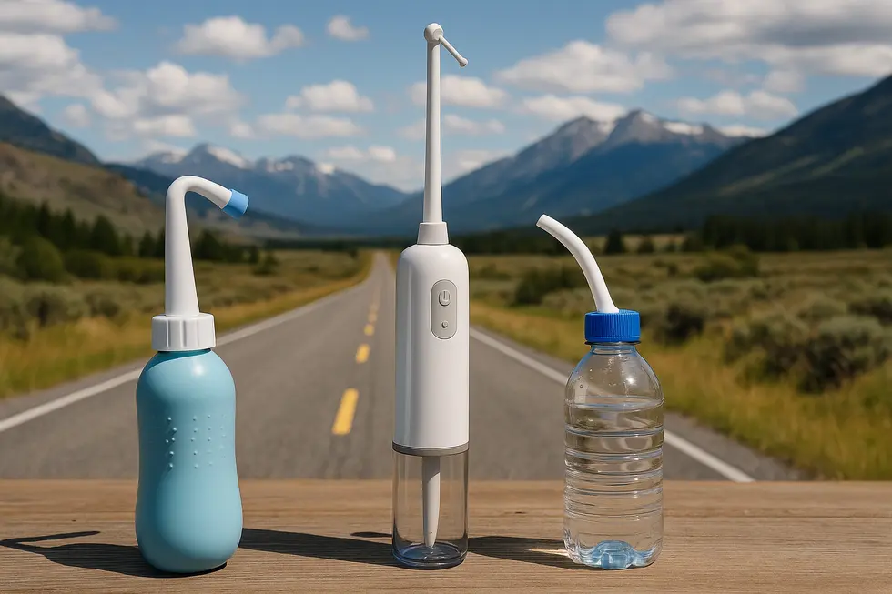 A collage featuring different portable bidets against a scenic road backdrop, symbolizing travel and hygiene solutions.