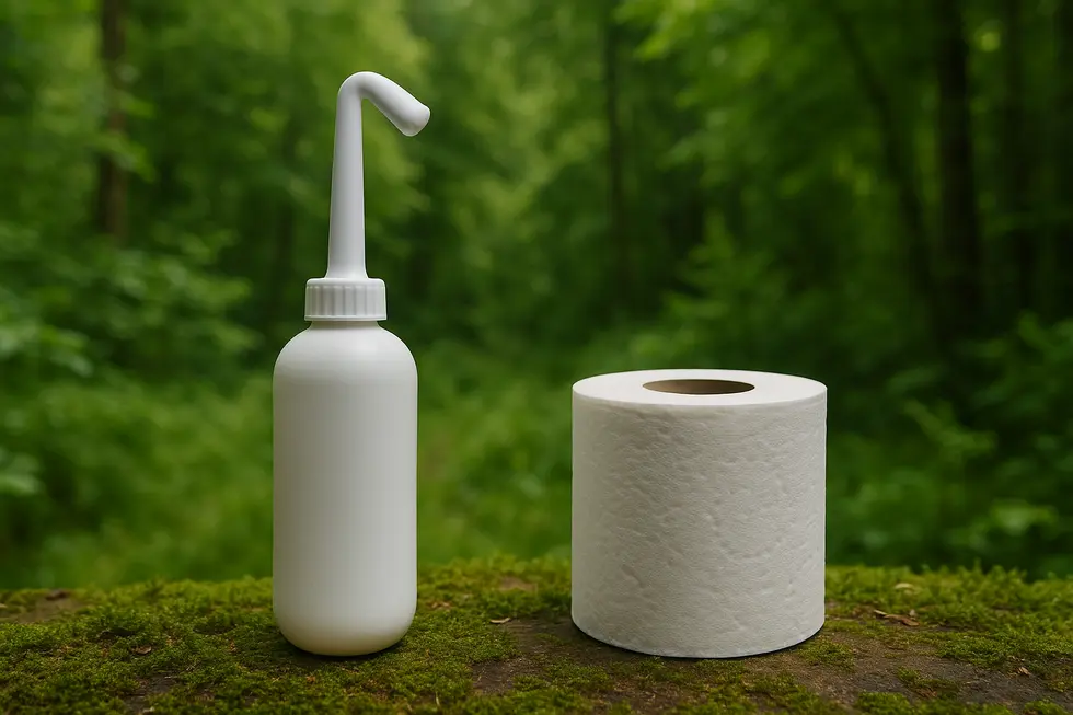 An image showing a lush green environment alongside a portable bidet and toilet paper, symbolizing the intersection of hygiene and environmental considerations.