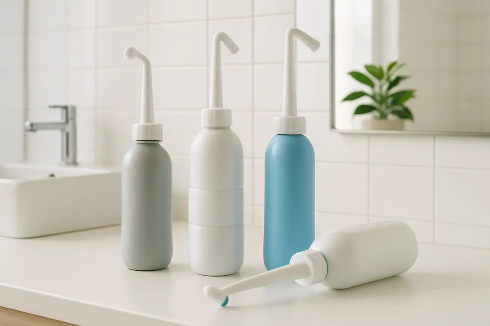 Various portable bidets exemplifying modern sanitation solutions, displayed in a contemporary bathroom.