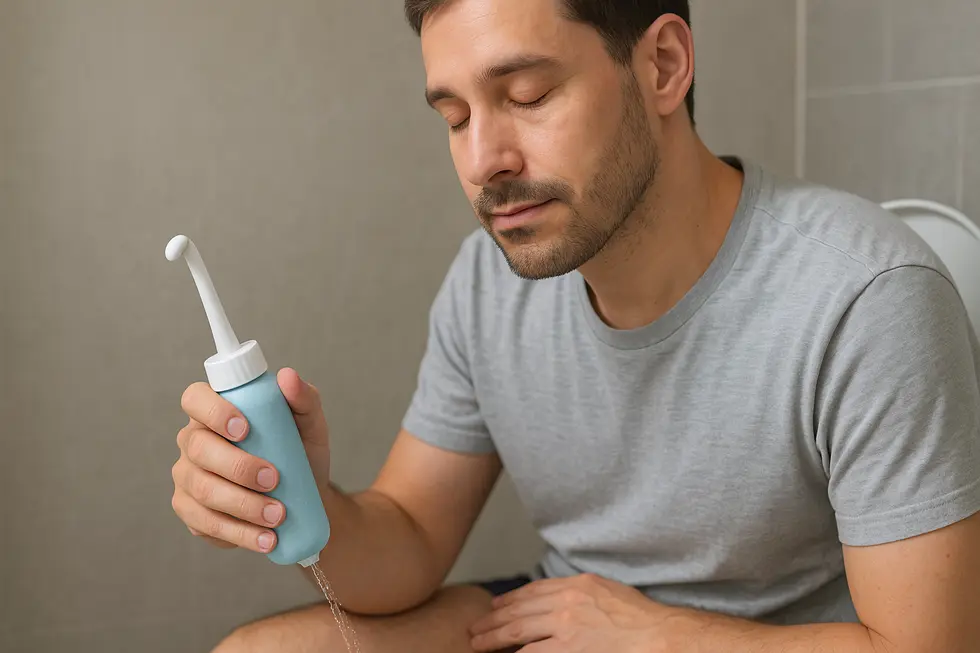 Portable bidet offering gentle relief for hemorrhoids.