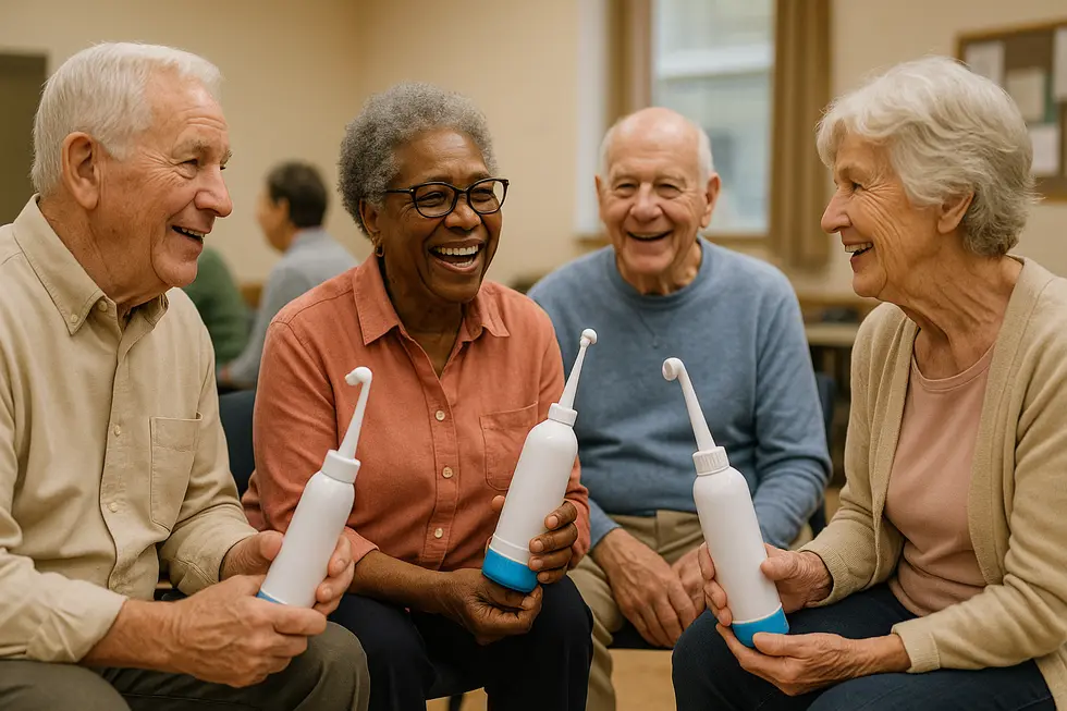 A senior using a cutting-edge portable bidet, highlighting technological ease.