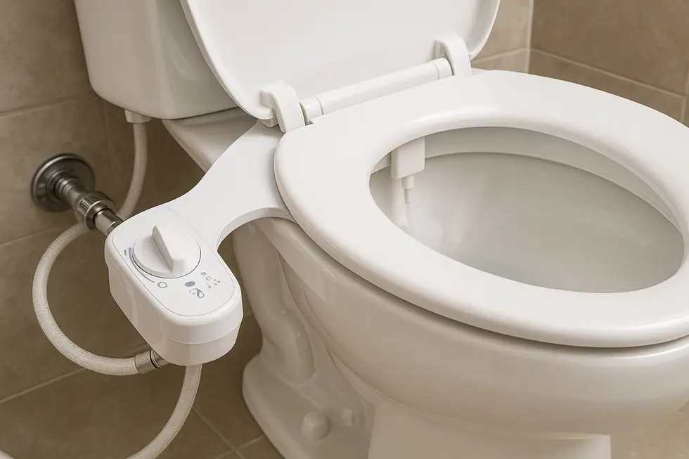 Standard toilet with a bidet attachment, demonstrating straightforward compatibility.