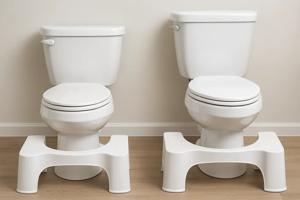 Illustration of standard and comfort height toilets with suitable stool heights.