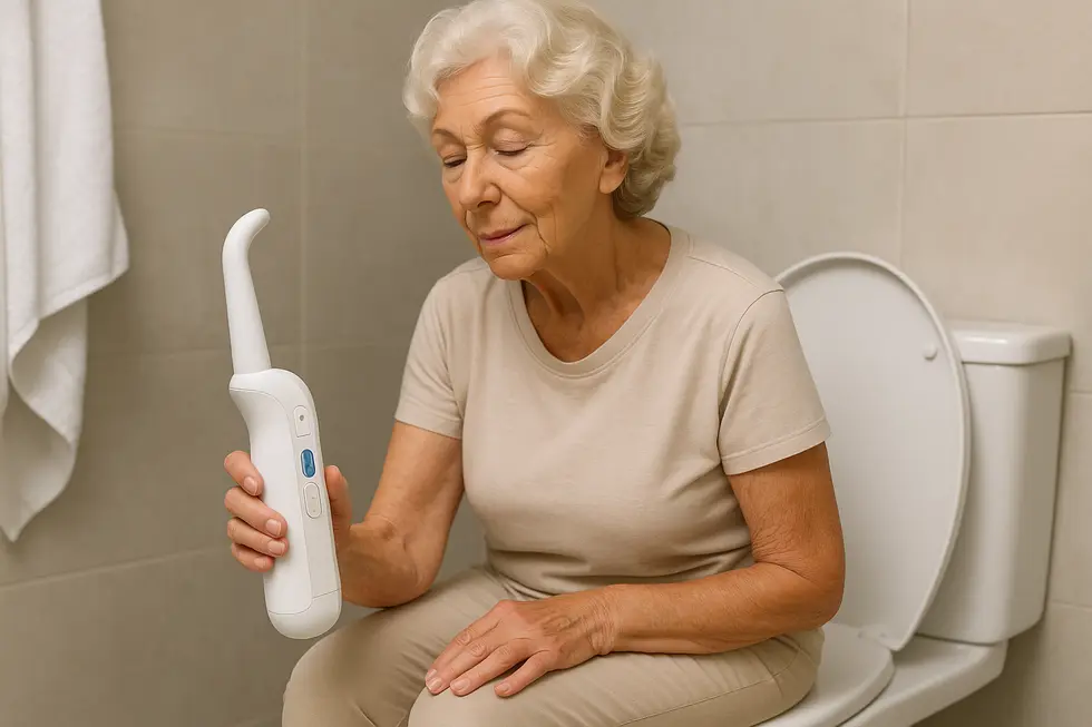 A senior using a cutting-edge portable bidet, highlighting technological ease.