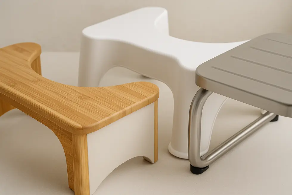 Comparison of toilet stool materials: plastic, wood, and bamboo.