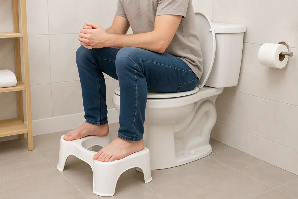 Illustrating the correct use of a toilet stool to improve posture and health.