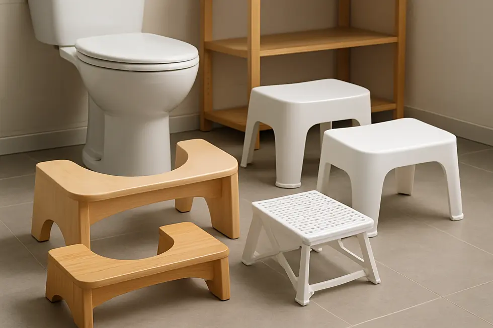 Various types of toilet stools in modern bathrooms.
