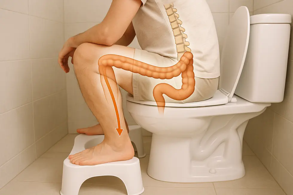 A modern bathroom featuring a toilet stool for improved bowel movements.