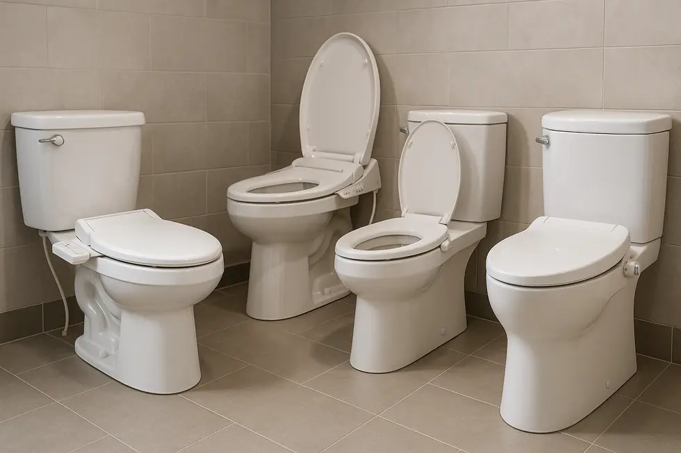 Showroom display of different toilet designs with assorted bidet attachments.