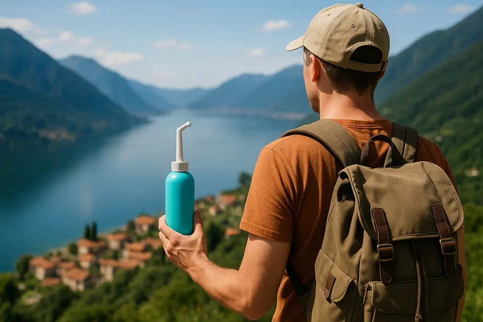 A traveler in a beautiful setting holding a compact travel squeeze bottle bidet, emphasizing convenience and hygiene.