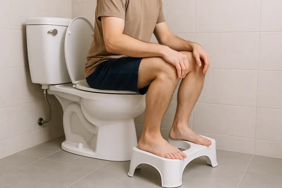 A modern bathroom setting with the Squatty Potty positioned for use.