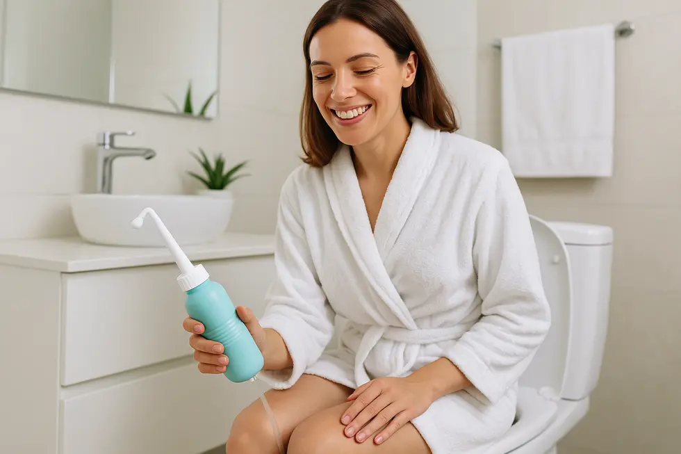 A woman embracing the sanitary benefits of a portable bidet in a modern bathroom.