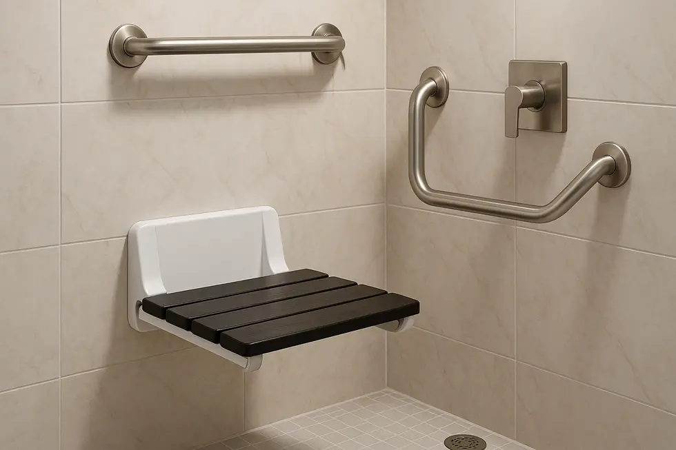 A variety of folding wall-mounted shower seats in different materials and styles.