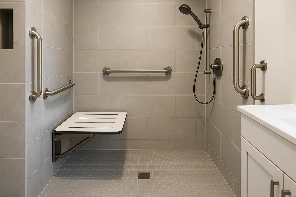A luxurious shower bench combining teak wood and stainless steel.
