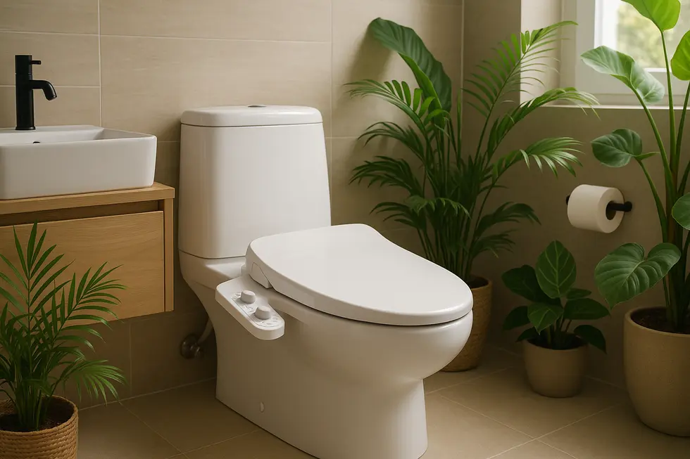 A modern bathroom featuring an advanced bidet attachment with green plants, emphasizing cleanliness and sustainability.