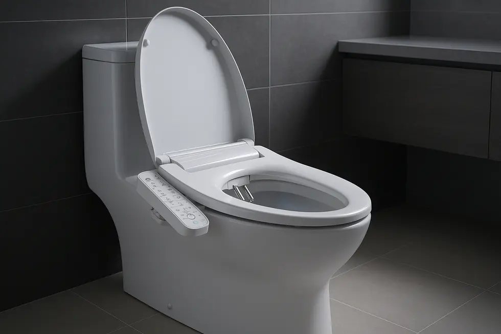 A modern bathroom showcasing an advanced bidet with cutting-edge features.