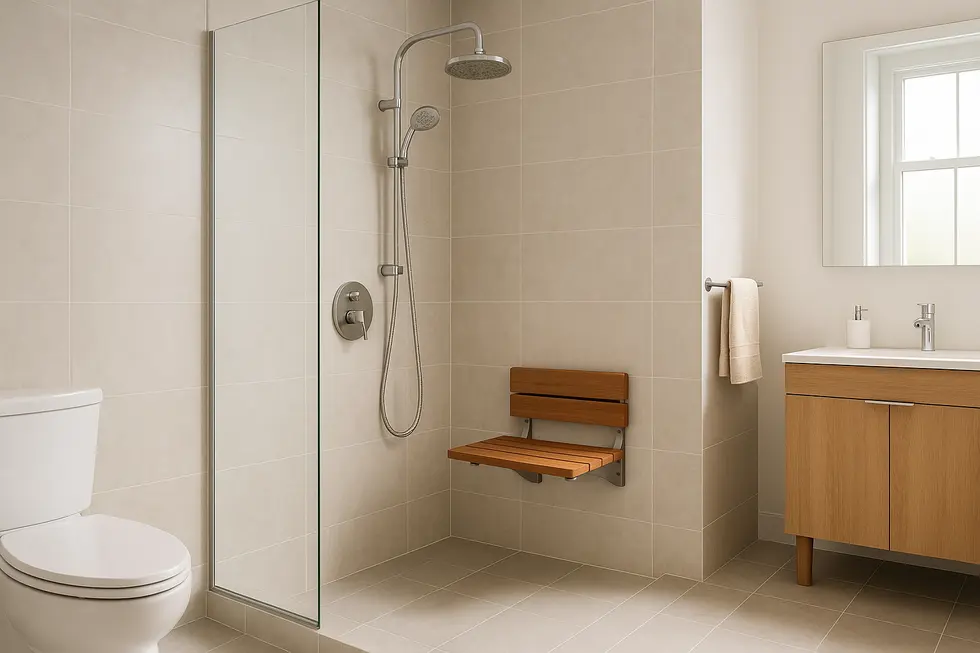 Diverse designs and materials of wall mounted wooden shower seats displayed.
