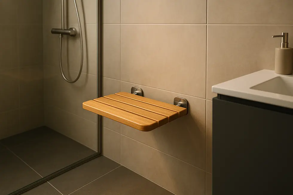 A modern bathroom with a bamboo wall-mounted shower seat as the central feature.