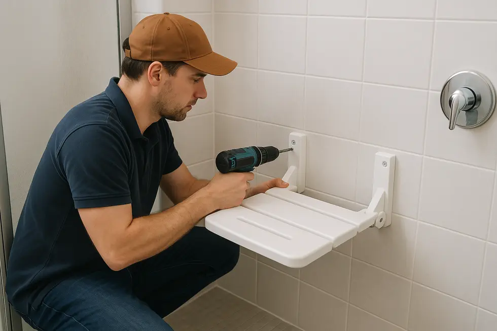 A wall-mounted shower seat illustrating safety features and high load-bearing capacity.