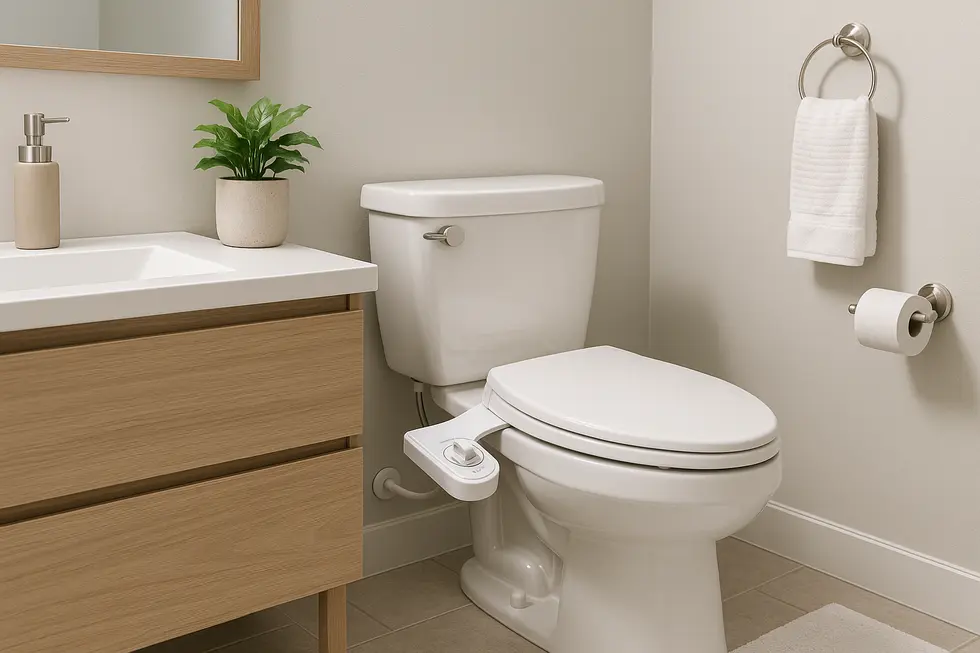 A modern family bathroom with a newly installed bidet attachment, highlighting its seamless integration and family-oriented design.