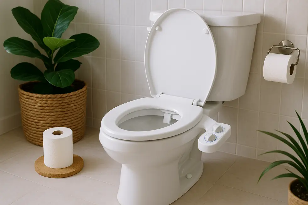 A family enjoying their newly installed bidet attachment in a contemporary bathroom.