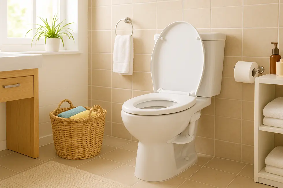 Family bathroom with a toilet featuring a bidet attachment for enhanced hygiene.