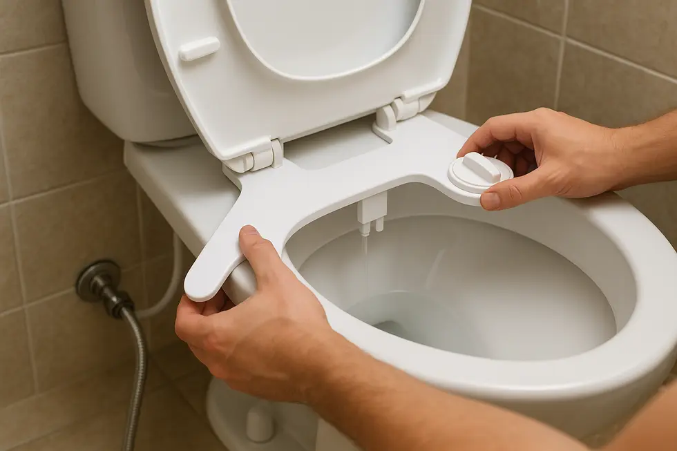 A family enjoying their newly installed bidet attachment in a contemporary bathroom.