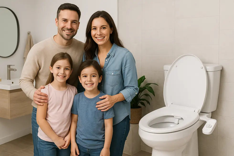 A family enjoying their newly installed bidet attachment in a contemporary bathroom.