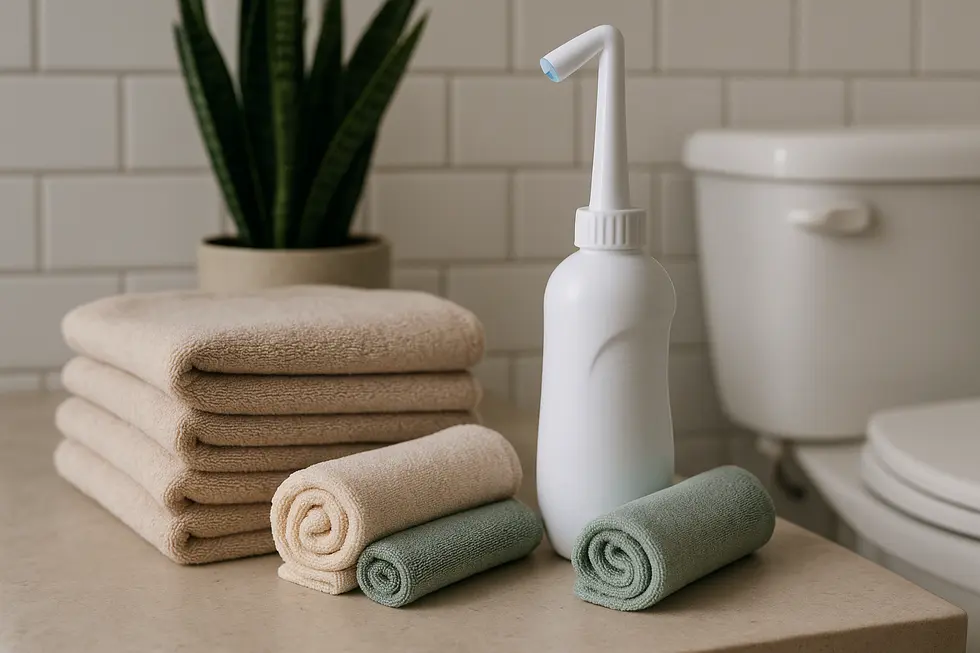 Family utilizing a portable bidet to cut down on toilet paper waste.