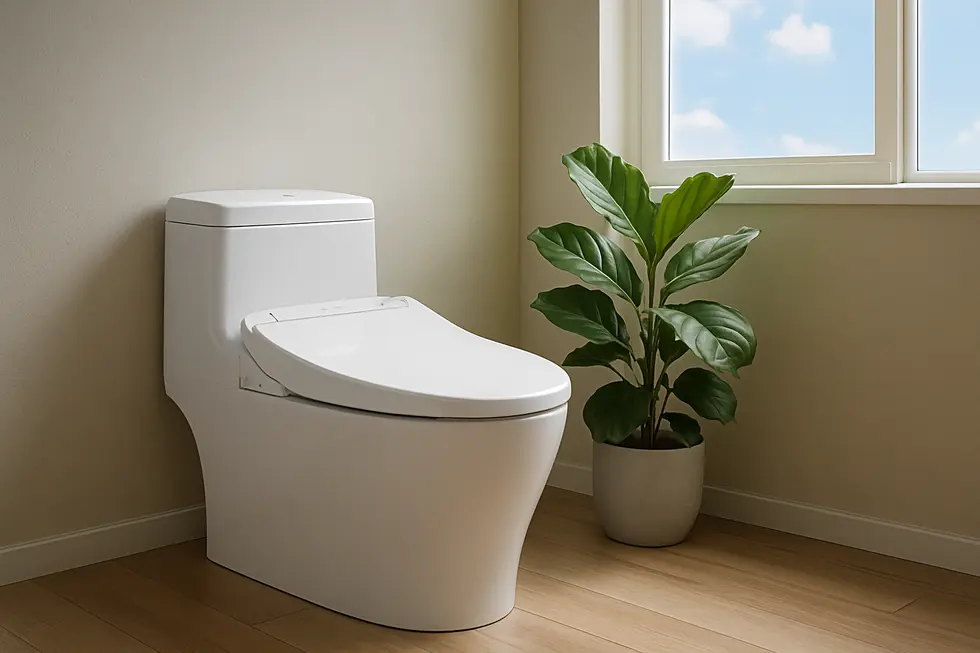 Bright bathroom featuring a contemporary smart bidet, green plant, and sunlight, reflecting hygiene and eco-consciousness.